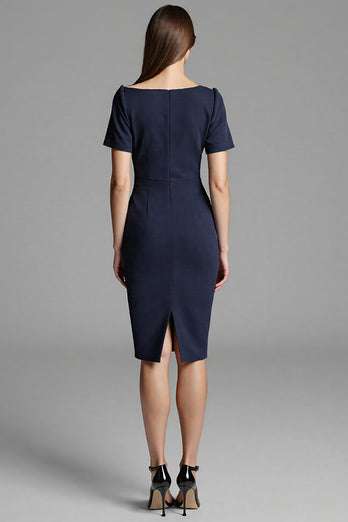 Royal Blue Bodycon Satin Asymmetrical Neck Midi Work Dress