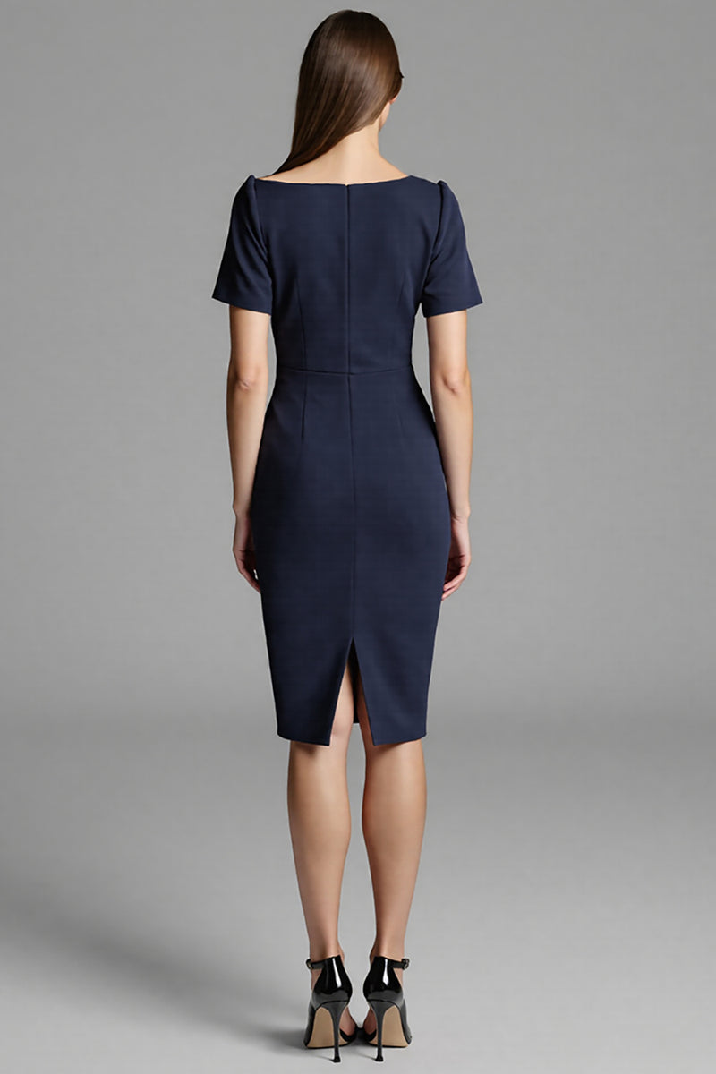 Load image into Gallery viewer, Royal Blue Bodycon Satin Asymmetrical Neck Midi Work Dress