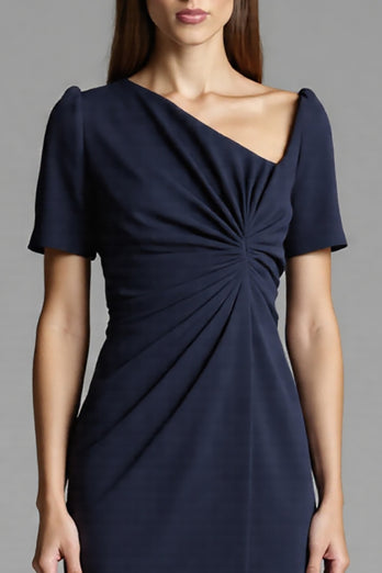 Navy Satin Bodycon Midi Work Dress with Sleeves