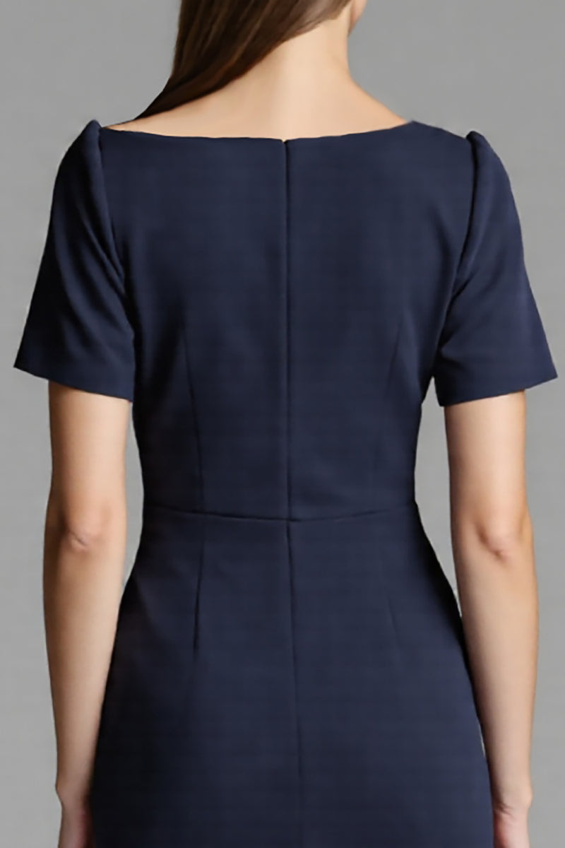 Load image into Gallery viewer, Navy Satin Bodycon Midi Work Dress with Sleeves