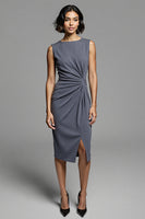 Load image into Gallery viewer, Grey Bodycon Satin Ruched Midi Work Dress with Slit