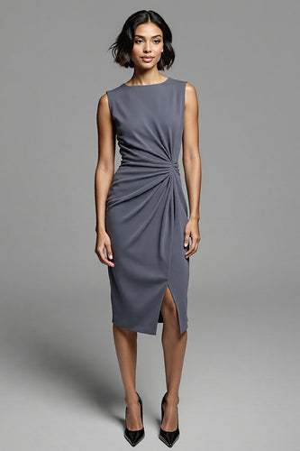 Grey Bodycon Satin Ruched Midi Work Dress with Slit