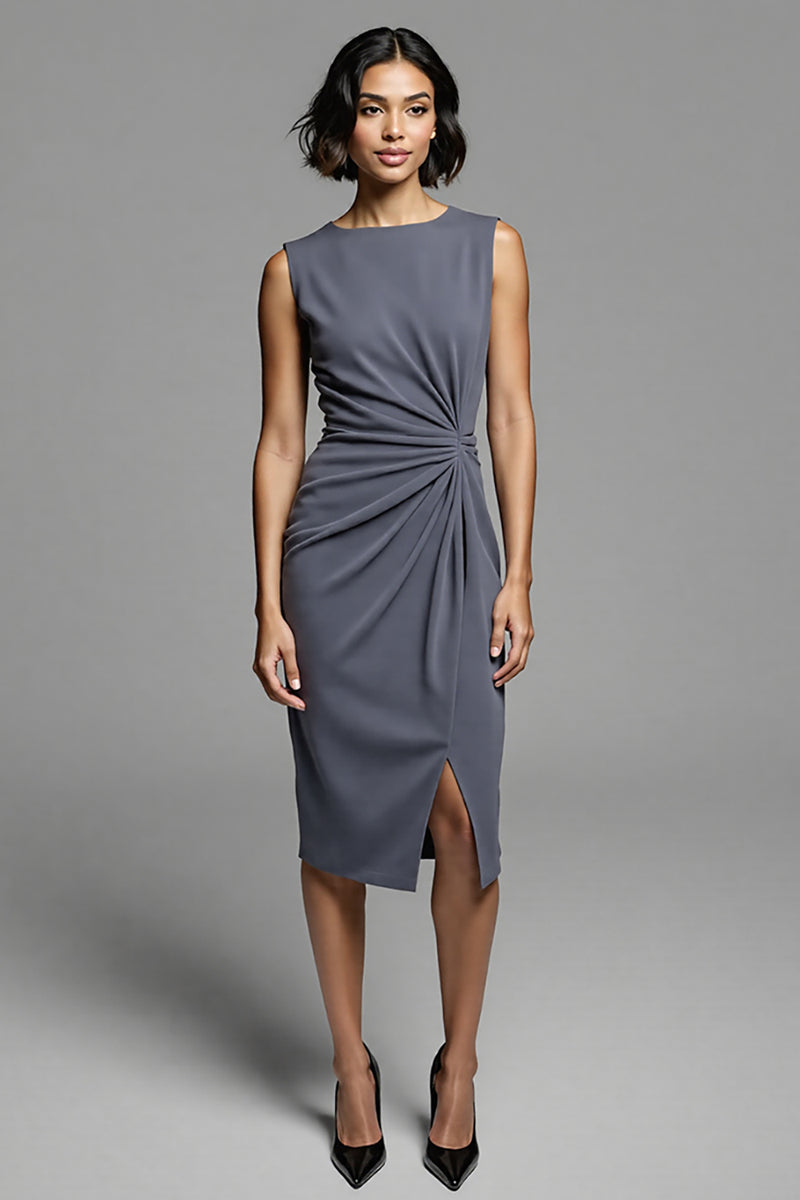 Load image into Gallery viewer, Grey Bodycon Satin Ruched Midi Work Dress with Slit
