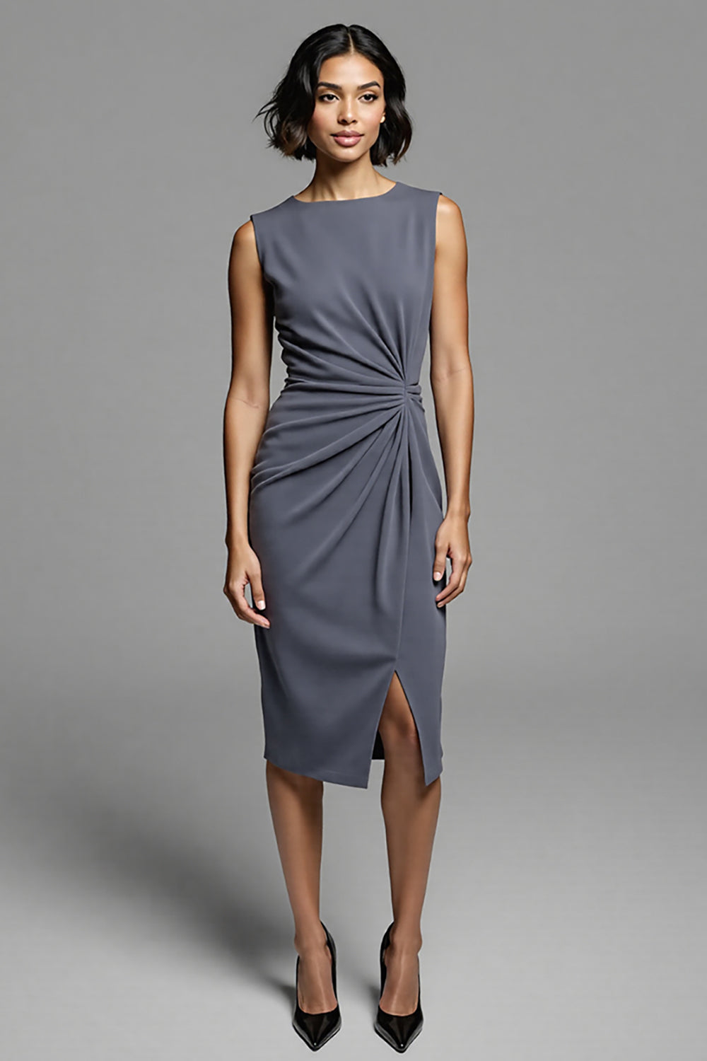 Grey Bodycon Satin Ruched Midi Work Dress with Slit