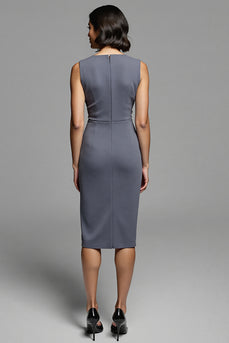 Grey Bodycon Satin Ruched Midi Work Dress with Slit