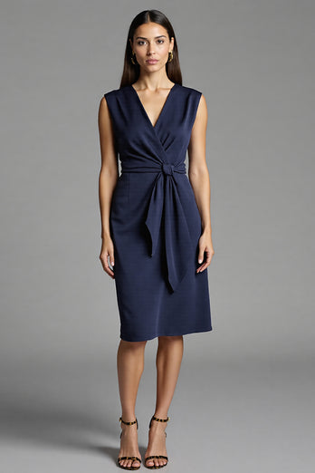 Navy Bodycon Satin V-Neck Midi Work Dress with Ruffles