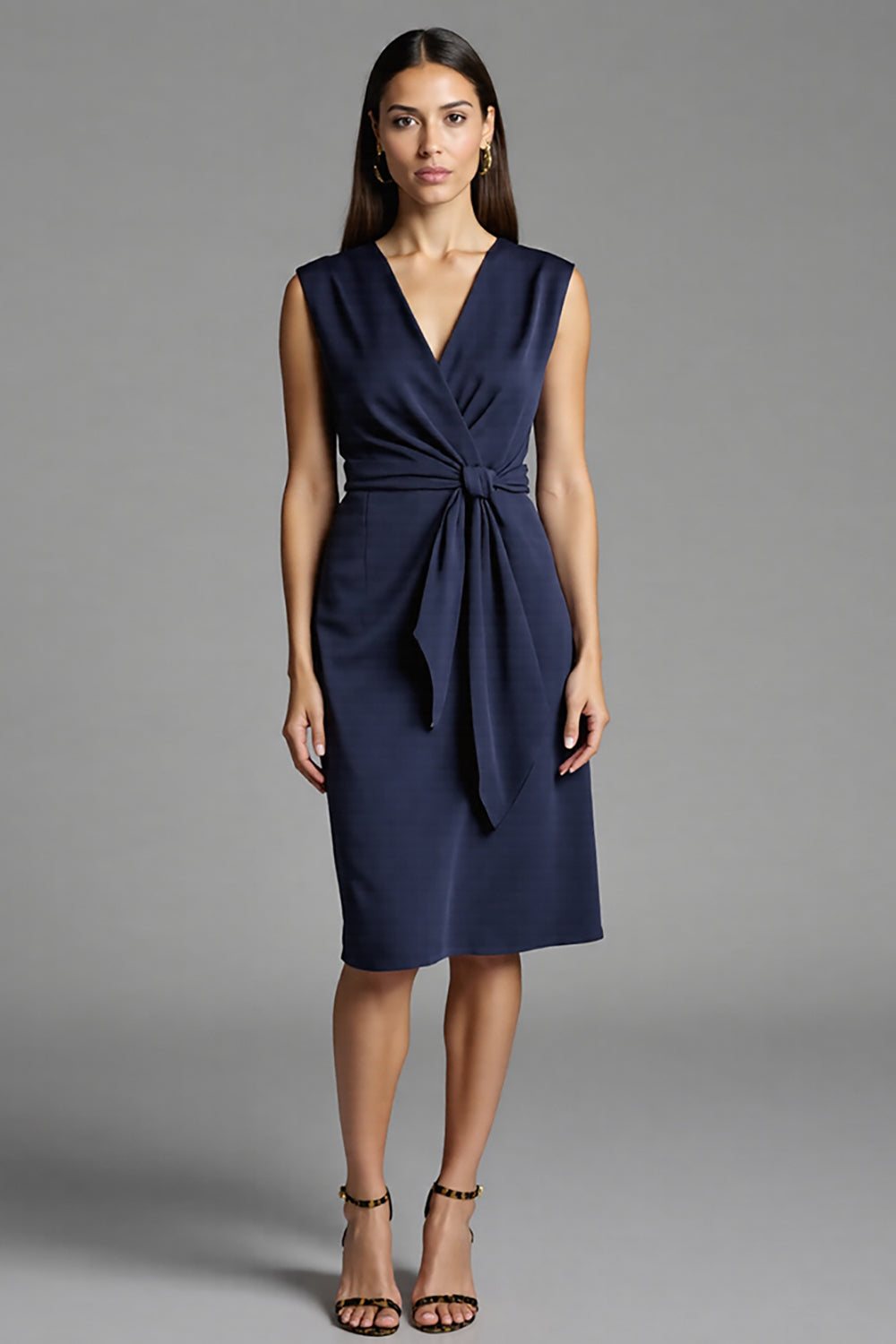 Navy Bodycon Satin V-Neck Midi Work Dress with Ruffles