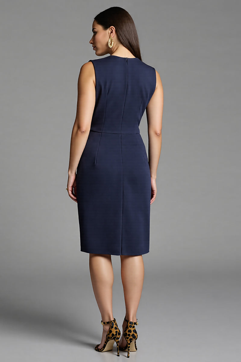 Load image into Gallery viewer, Navy Bodycon Satin V-Neck Midi Work Dress with Ruffles