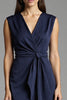 Load image into Gallery viewer, Navy Bodycon Satin V-Neck Midi Work Dress with Ruffles