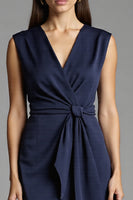 Load image into Gallery viewer, Navy Bodycon Satin V-Neck Midi Work Dress with Ruffles