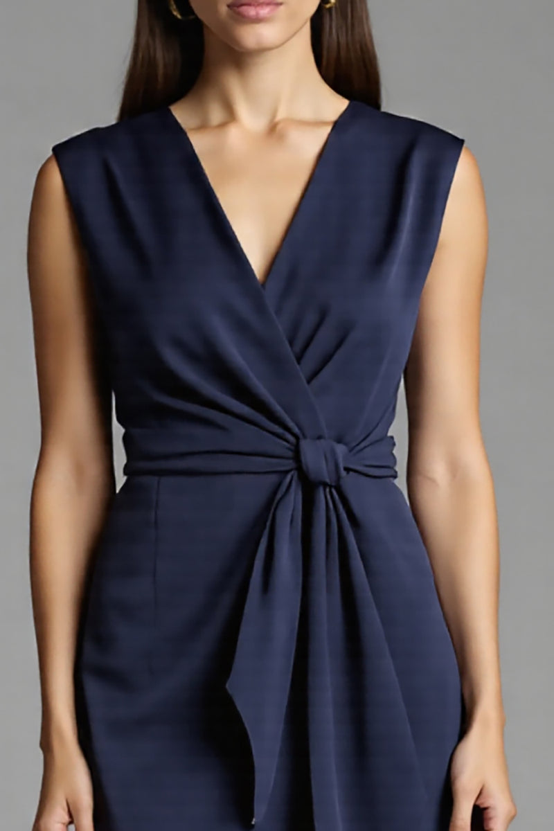 Load image into Gallery viewer, Navy Bodycon Satin V-Neck Midi Work Dress with Ruffles