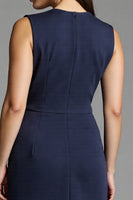 Load image into Gallery viewer, Navy Bodycon Satin V-Neck Midi Work Dress with Ruffles
