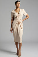 Load image into Gallery viewer, Champagne Bodycon V-Neck Midi Satin Work Dress with Sleeves