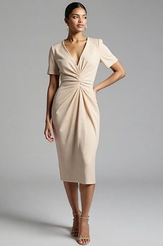 Champagne Bodycon V-Neck Midi Satin Work Dress with Sleeves