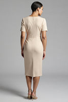 Load image into Gallery viewer, Champagne Bodycon V-Neck Midi Satin Work Dress with Sleeves