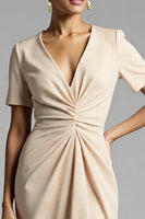 Load image into Gallery viewer, Champagne Bodycon V-Neck Midi Satin Work Dress with Sleeves