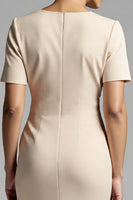 Load image into Gallery viewer, Champagne Bodycon V-Neck Midi Satin Work Dress with Sleeves