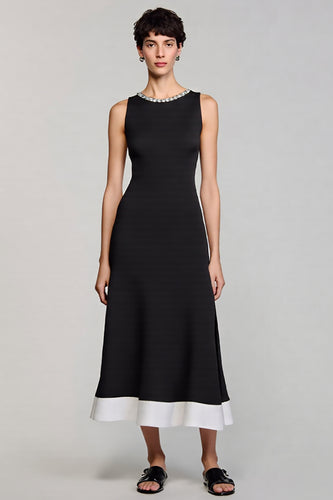 Black A Line Crew Neck Satin Work Dress