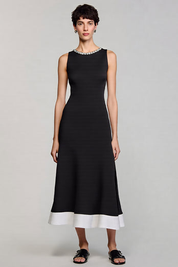 Black A Line Crew Neck Satin Work Dress