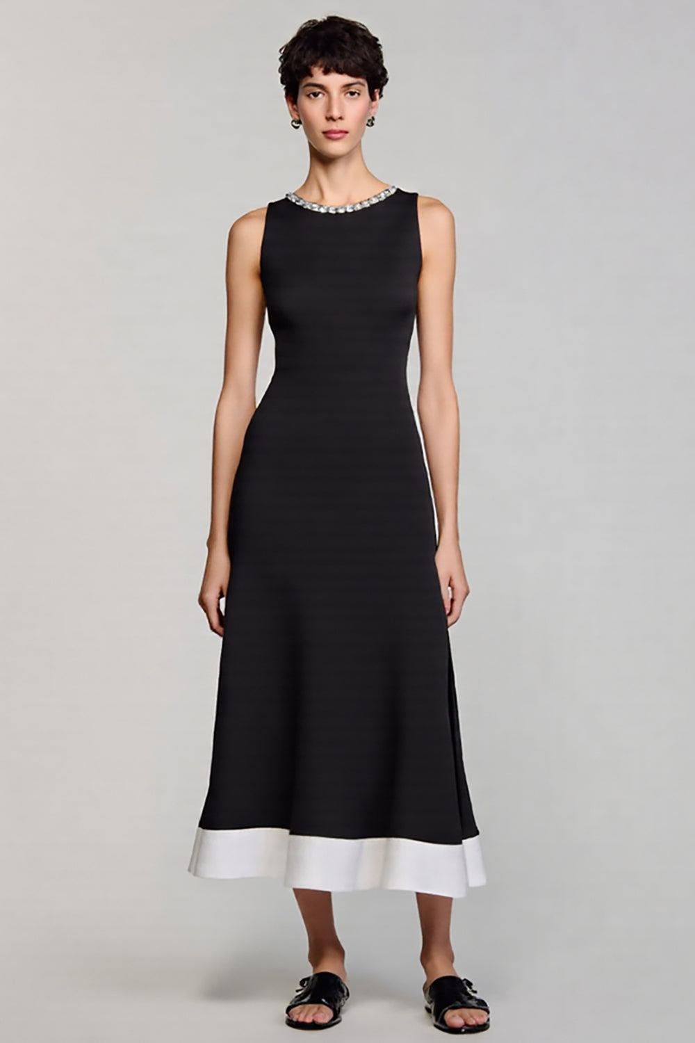 Black A Line Crew Neck Satin Work Dress