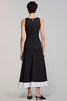 Black A Line Crew Neck Satin Work Dress