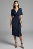 Load image into Gallery viewer, Navy Bodycon Satin V-Neck Midi Work Dress with Sleeves