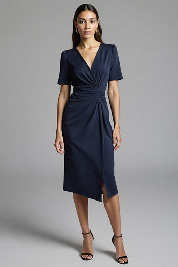 Navy Bodycon Satin V-Neck Midi Work Dress with Sleeves