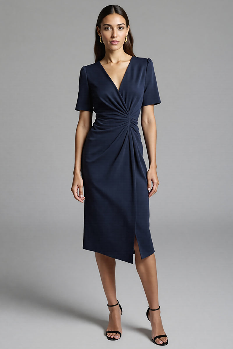 Load image into Gallery viewer, Navy Bodycon Satin V-Neck Midi Work Dress with Sleeves