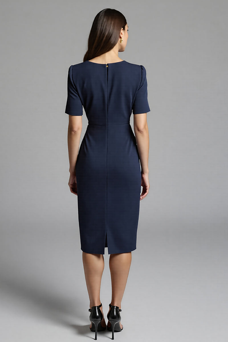 Load image into Gallery viewer, Navy Bodycon Satin V-Neck Midi Work Dress with Sleeves
