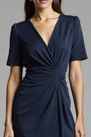 Load image into Gallery viewer, Navy Bodycon Satin V-Neck Midi Work Dress with Sleeves