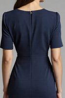 Load image into Gallery viewer, Navy Bodycon Satin V-Neck Midi Work Dress with Sleeves