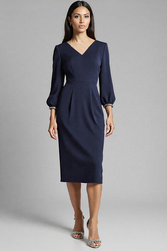Navy Satin V-Neck Bodycon Midi Work Dress