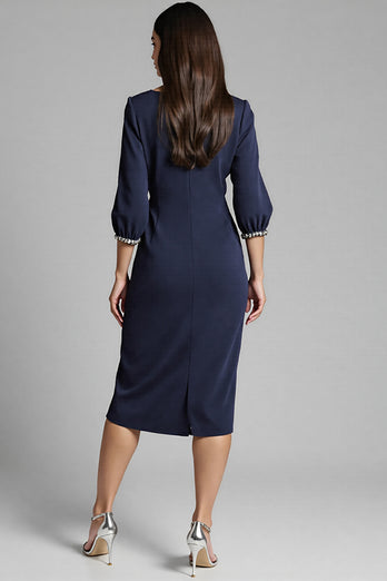 Navy Satin V-Neck Bodycon Midi Work Dress
