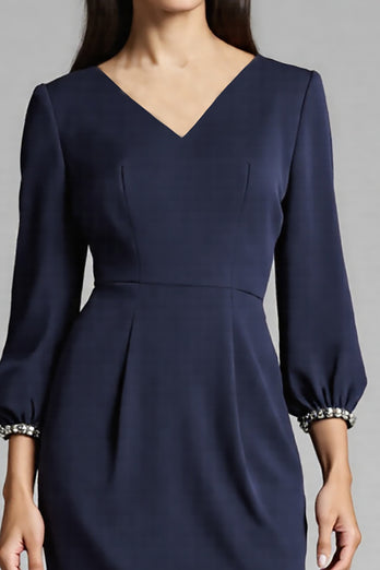 Navy Satin V-Neck Bodycon Midi Work Dress