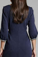 Load image into Gallery viewer, Navy Satin V-Neck Bodycon Midi Work Dress