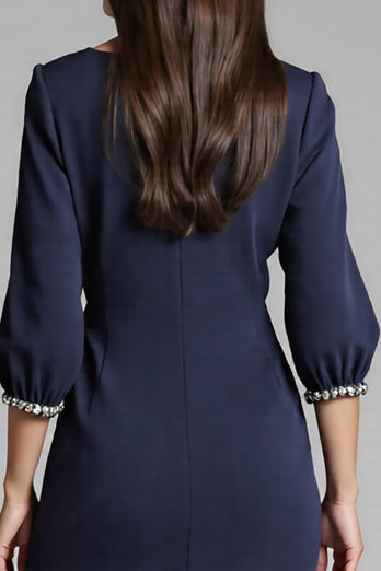 Navy Satin V-Neck Bodycon Midi Work Dress