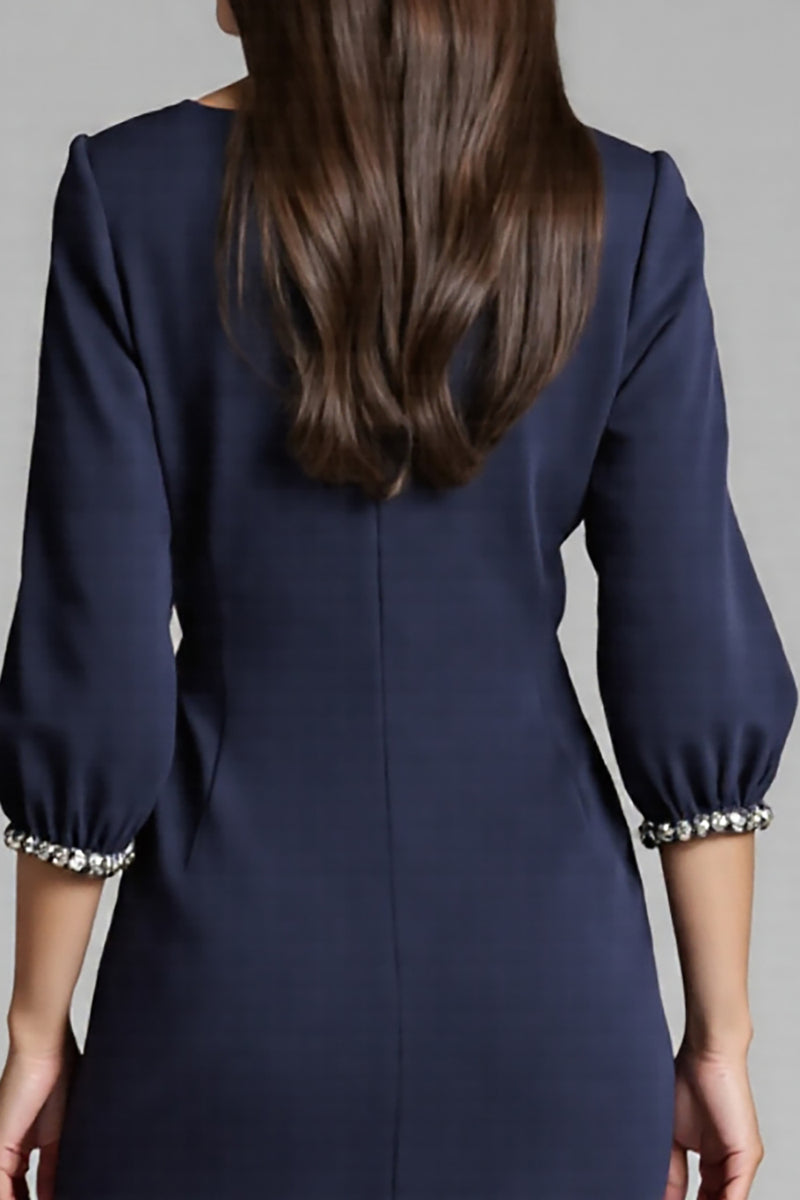 Load image into Gallery viewer, Navy Satin V-Neck Bodycon Midi Work Dress