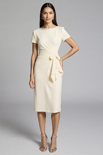Beige Bodycon Midi Satin Work Dress with Ruffles