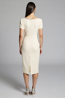 Beige Bodycon Midi Satin Work Dress with Ruffles