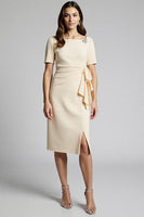 Load image into Gallery viewer, Champagne Bodycon Ruffled Midi Satin Work Dress with Slit