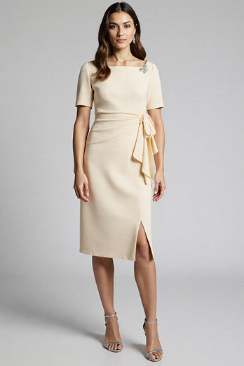 Champagne Bodycon Ruffled Midi Satin Work Dress with Slit