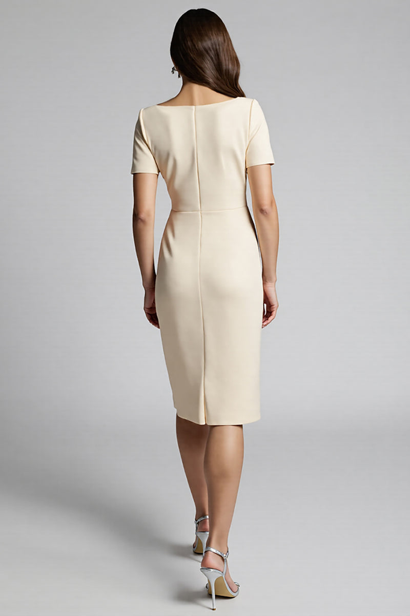 Load image into Gallery viewer, Champagne Bodycon Ruffled Midi Satin Work Dress with Slit
