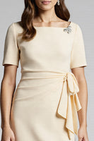 Load image into Gallery viewer, Champagne Bodycon Ruffled Midi Satin Work Dress with Slit