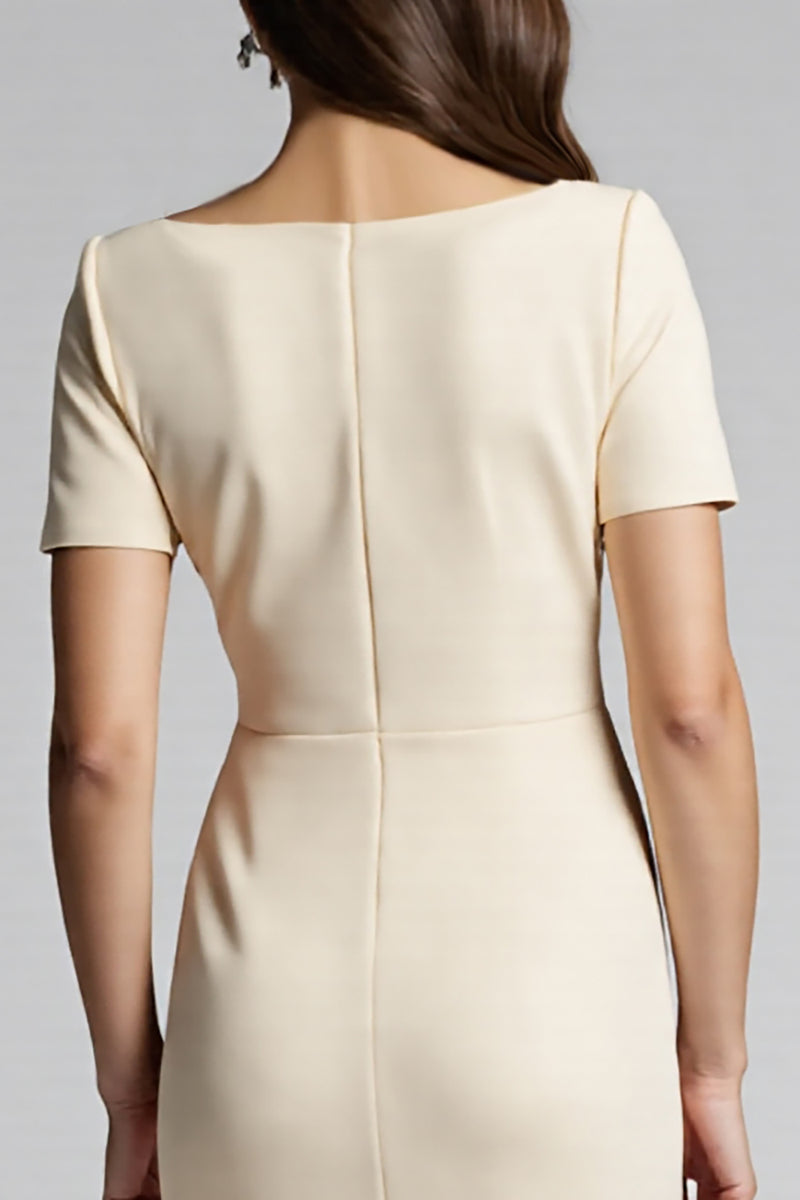 Load image into Gallery viewer, Champagne Bodycon Ruffled Midi Satin Work Dress with Slit