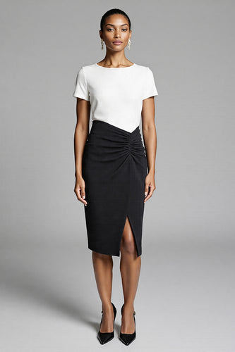 Black and White Bodycon Satin Midi Work Dress with Slit