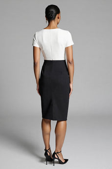 Black and White Bodycon Satin Midi Work Dress with Slit