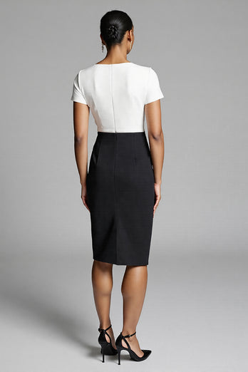 Black and White Bodycon Satin Midi Work Dress with Slit