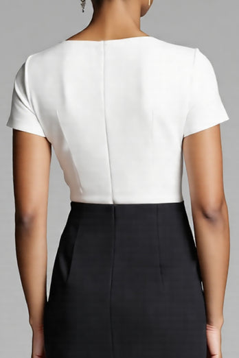 Black and White Bodycon Satin Midi Work Dress with Slit