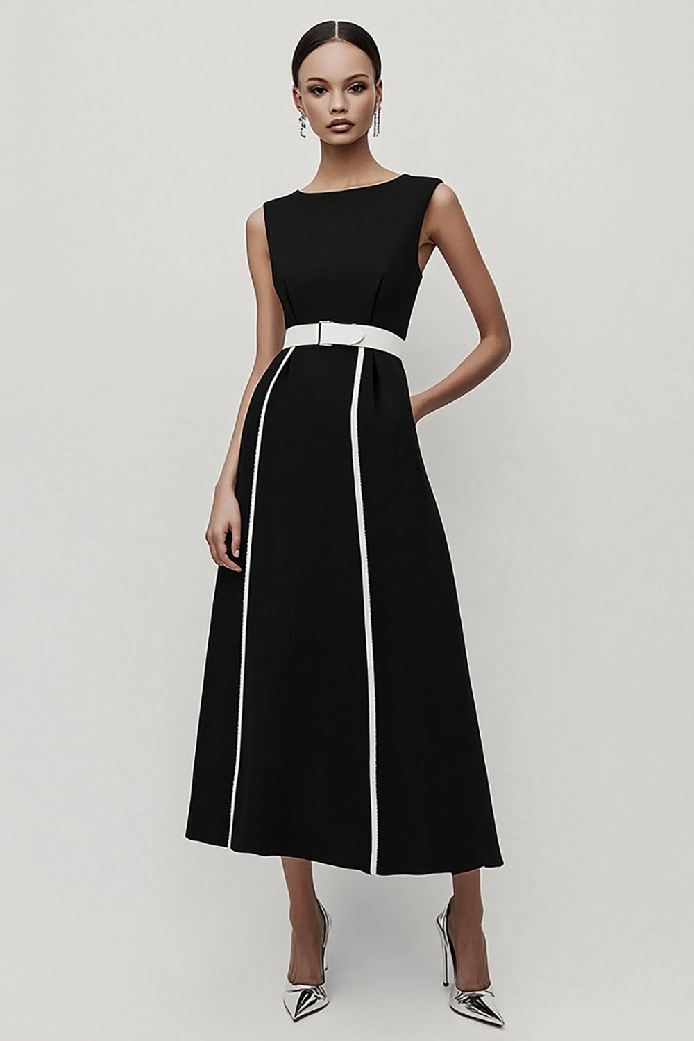 Black and White A Line Satin Midi Work Dress