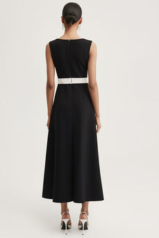 Black and White A Line Satin Midi Work Dress